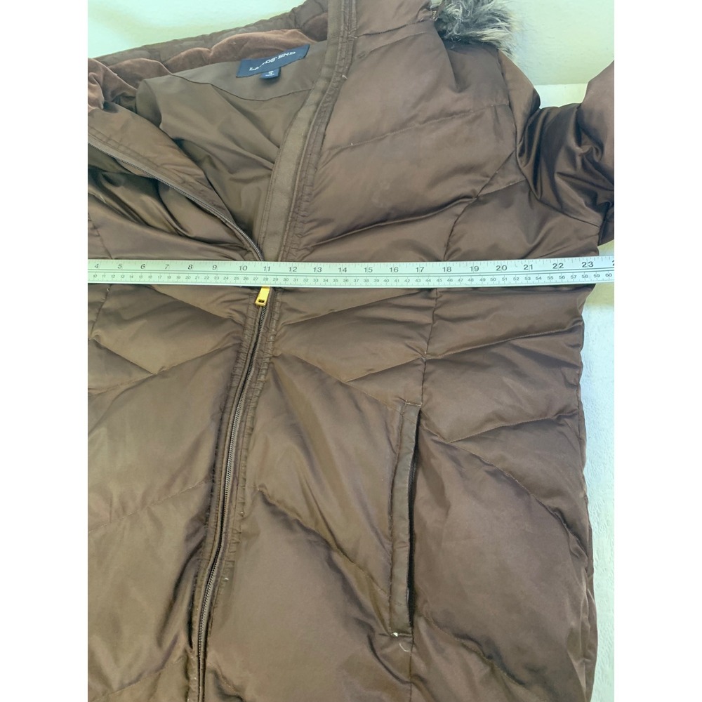 Lands End Womens XL 18 Brown Down Quilted Puffer Coat Faux Fur Hood Jacket - Picture 7 of 11